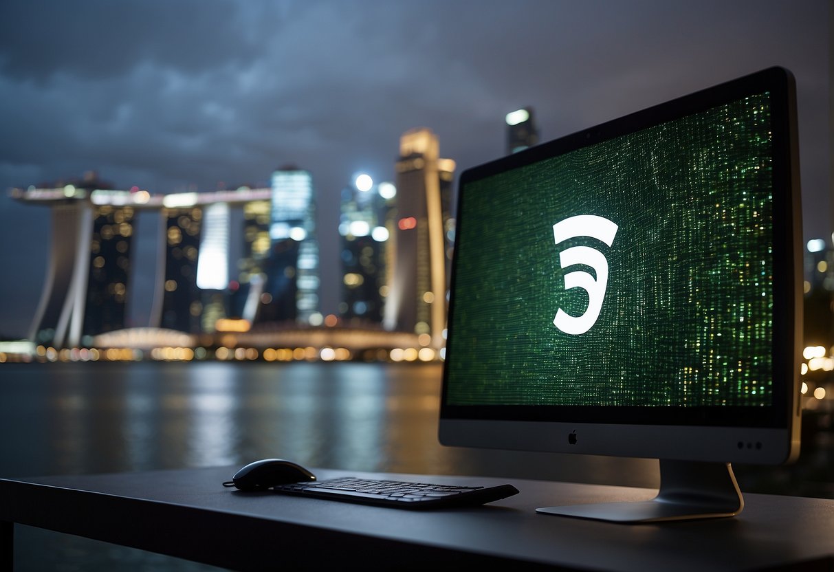 A computer screen displaying the Spotify logo with the words "Frequently Asked Questions" underneath, set against a backdrop of iconic Singapore landmarks