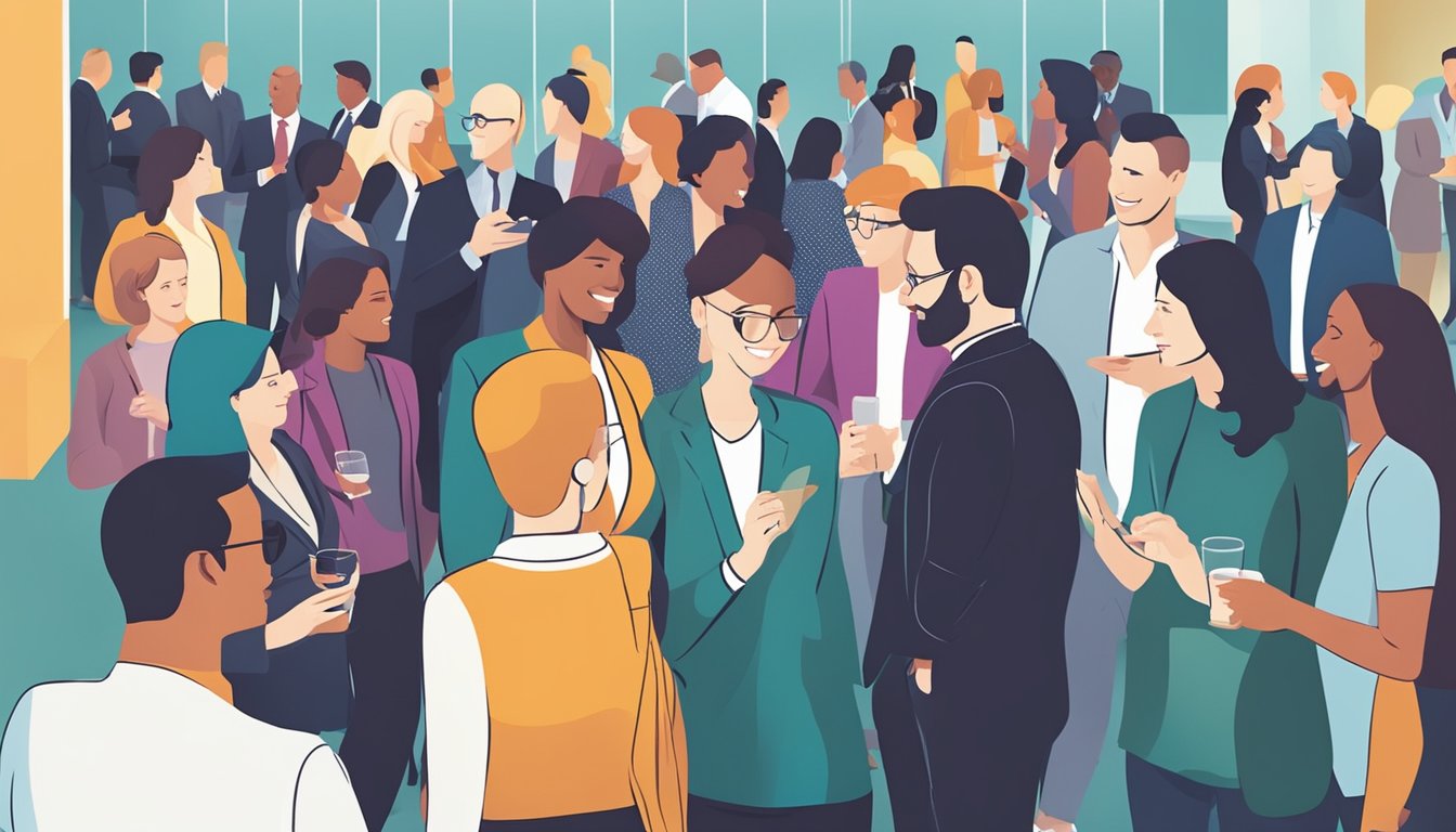 A group of people engaging in conversation and exchanging contact information at a networking event