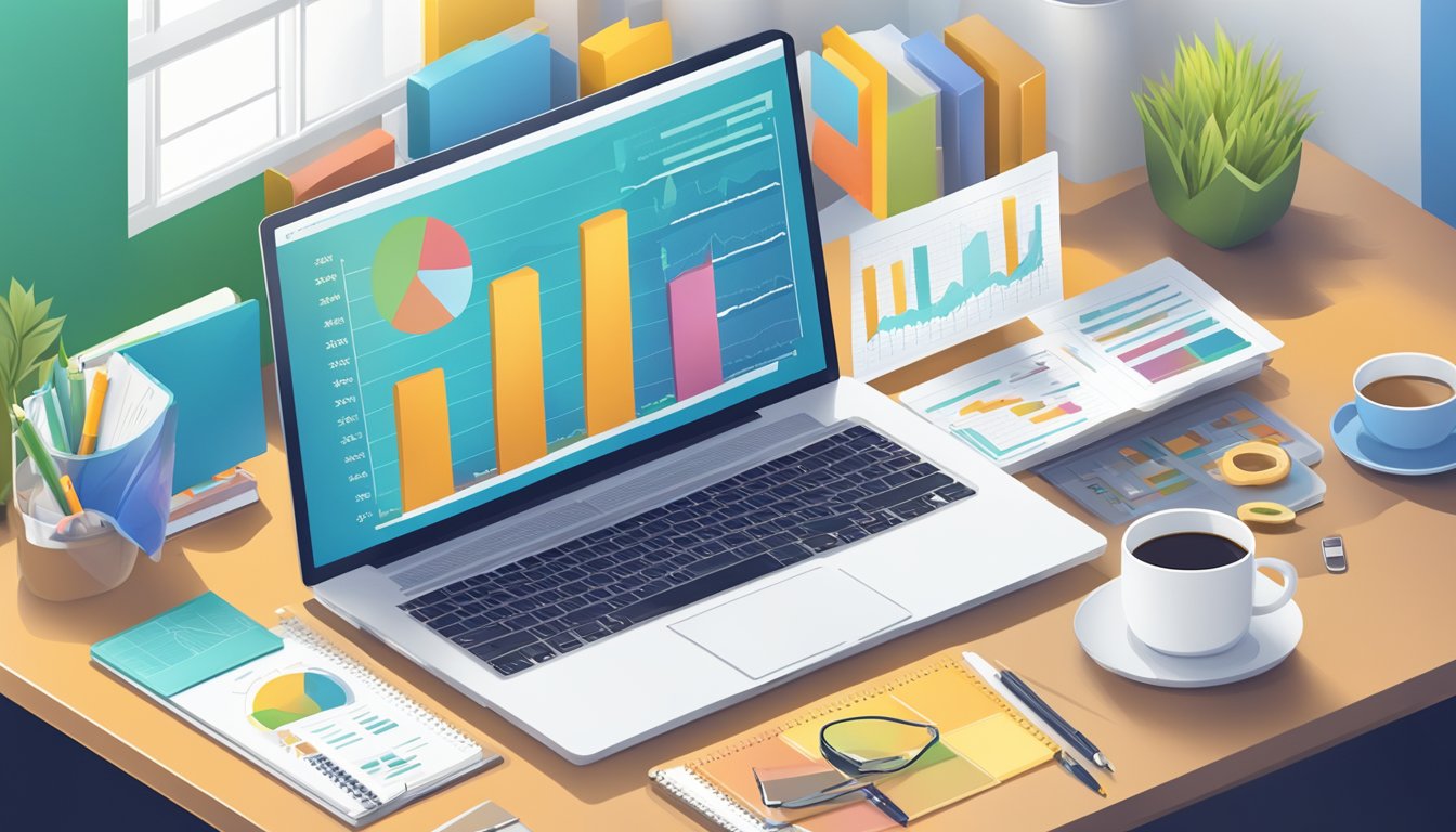 A laptop displaying affiliate marketing data with charts and graphs, surrounded by a notebook, pen, and coffee cup on a desk