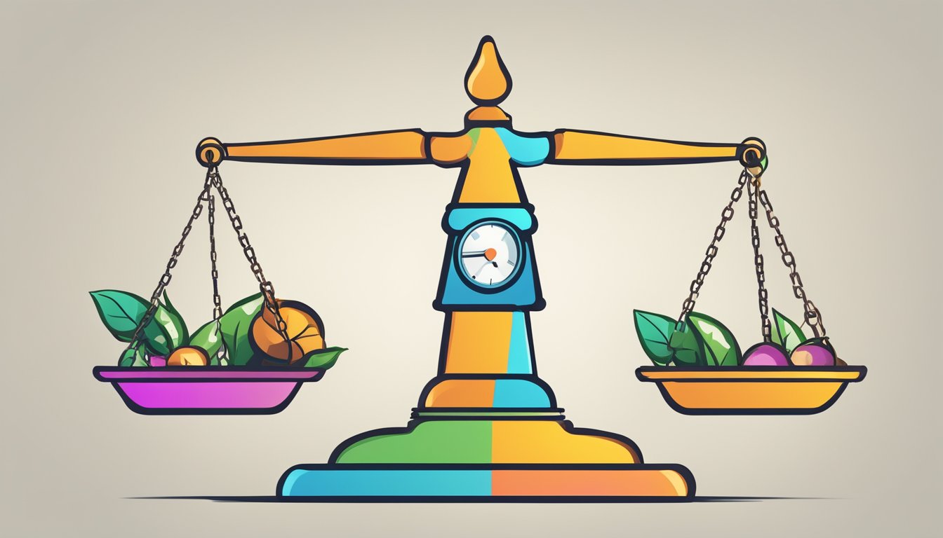 A scale weighing legal and ethical aspects of affiliate marketing. Symbols of justice and morality surround it