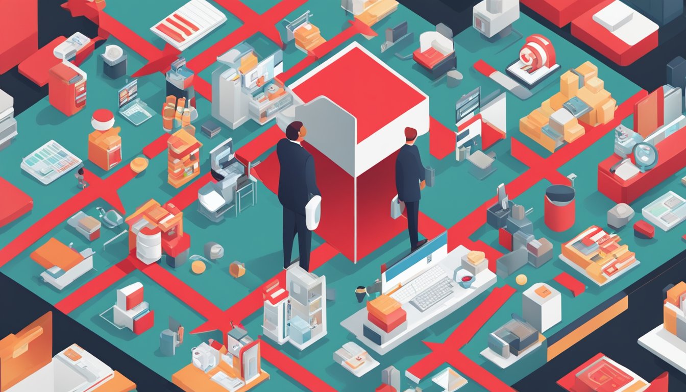 A person surrounded by various products with a red X over them, indicating avoidance of affiliate marketing