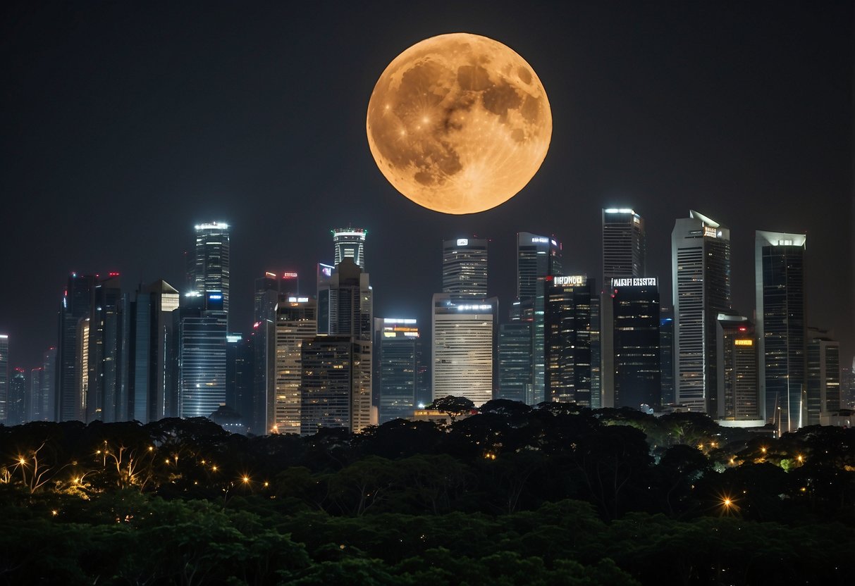 The city of Singapore is shrouded in darkness as the moon completely covers the sun during a total eclipse. The sky is a deep shade of black, with the city's skyline and landmarks silhouetted against the eerie backdrop