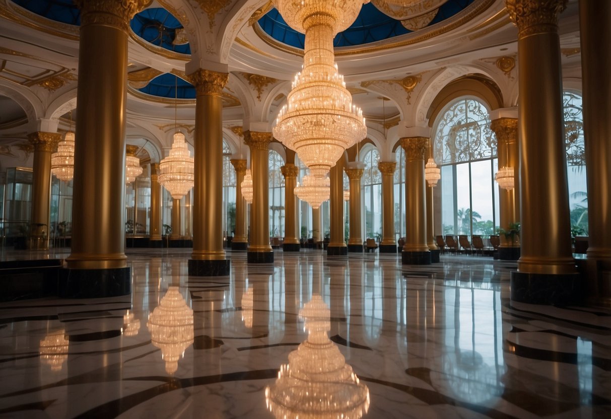 The grand chandeliers shimmer above the polished marble floors, casting a warm glow over the ornate pillars and opulent decor of The Ballroom Singapore