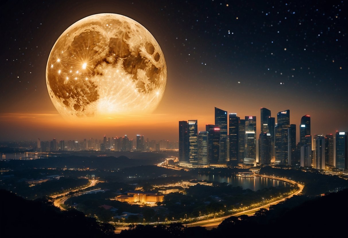 The sun is completely covered by the moon, casting a shadow over the city of Singapore as the sky darkens and stars become visible