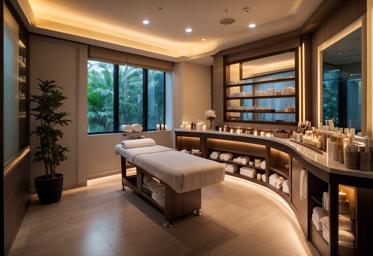 A serene spa room with soft lighting, plush massage tables, and shelves lined with luxurious skincare products at Venus Beauty Singapore