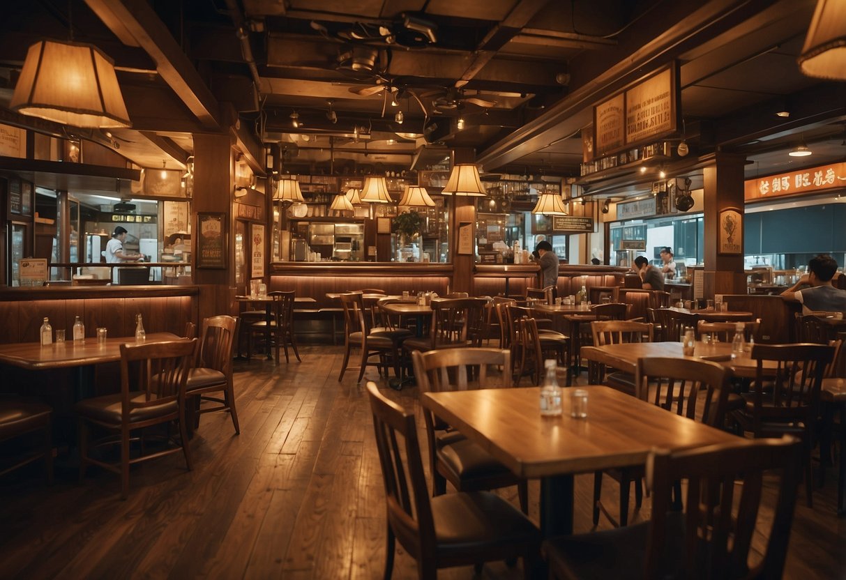 A bustling western restaurant in Singapore, filled with rustic wooden tables and chairs, adorned with vintage cowboy memorabilia. The aroma of sizzling steaks and hearty burgers fills the air as patrons enjoy their meals