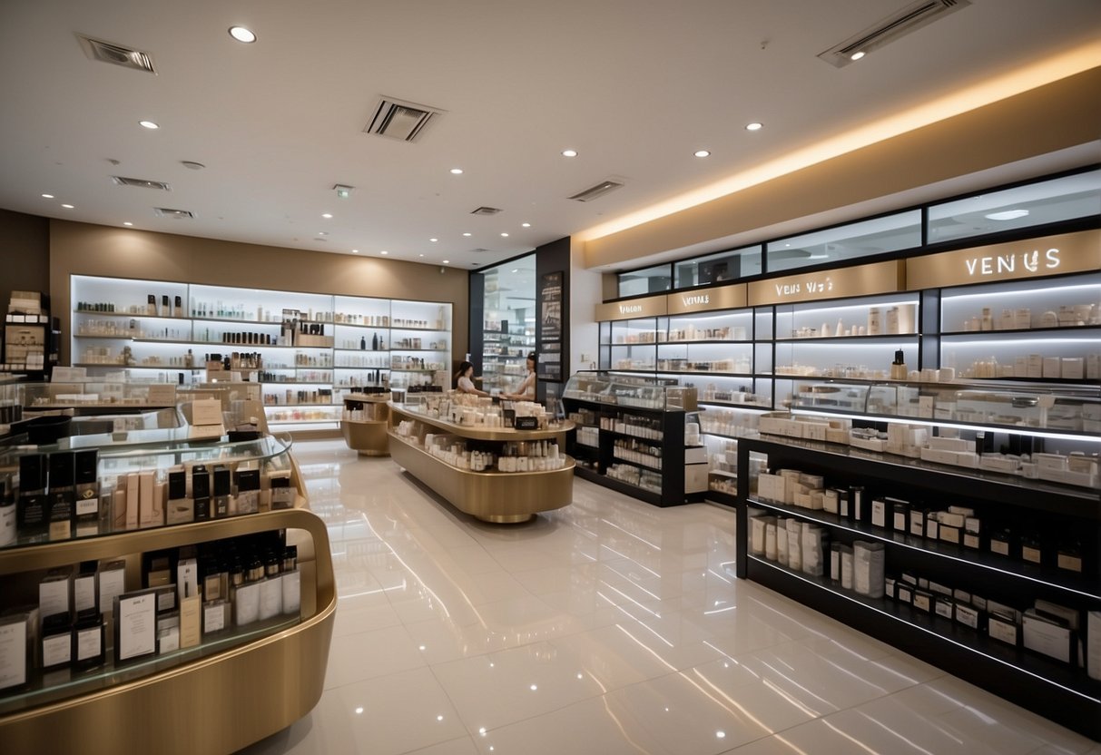 Customers browse shelves at Venus Beauty store in Singapore, selecting skincare and beauty products. Bright lighting and clean displays create an inviting atmosphere