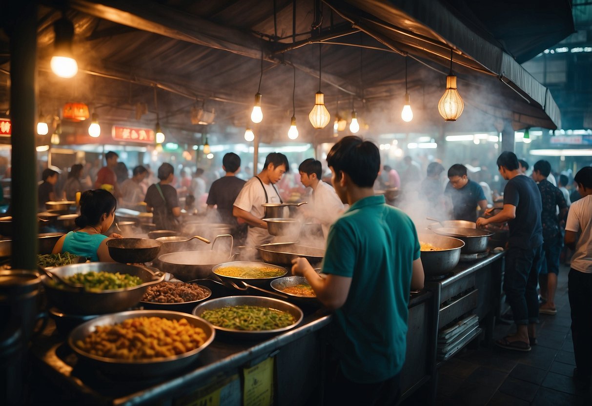 A bustling hawker center with colorful food stalls and steaming woks, surrounded by eager diners and the aroma of sizzling dishes