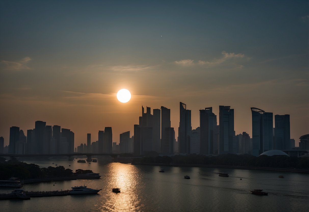 The moon completely covers the sun, casting a shadow over Singapore. The sky darkens, and the sun's corona becomes visible around the edges of the moon
