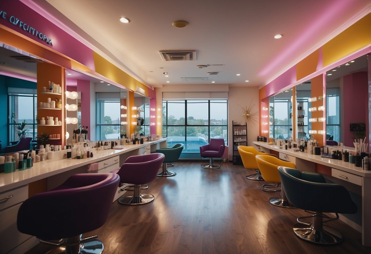 A colorful beauty salon with Venus logo, customers, and staff