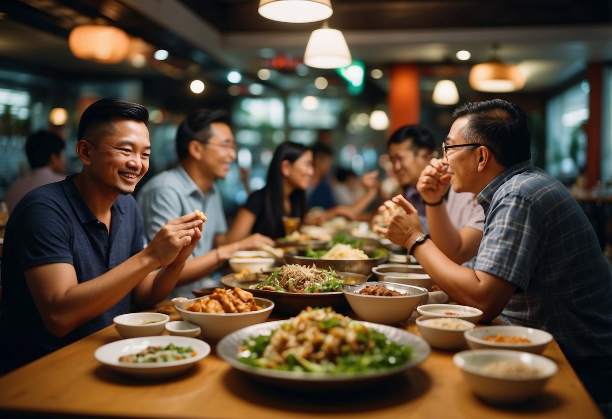 Customers enjoying traditional Singaporean dishes at Yong He Eating House. Tables filled with steaming bowls and plates of food. Vibrant and bustling atmosphere