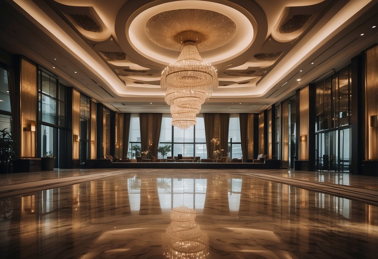 The grand ballroom at The Ballroom Singapore features luxurious amenities and modern facilities, creating a sophisticated and elegant atmosphere