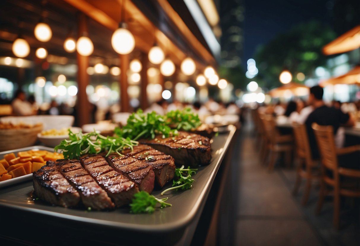 A bustling Singapore street lined with modern Western restaurants, filled with the aroma of sizzling steaks and the clinking of wine glasses