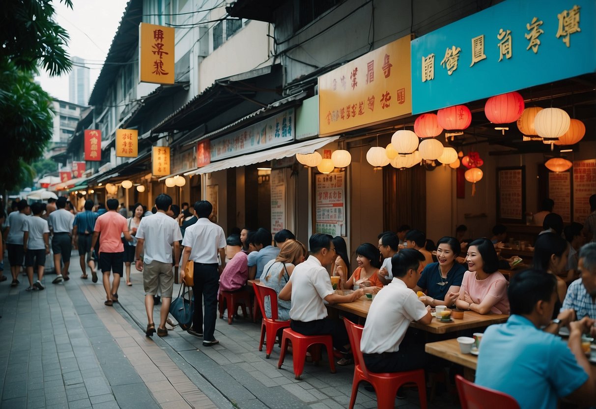 The bustling atmosphere of Yong He Eating House in Singapore, with colorful signage and a steady flow of visitors seeking information