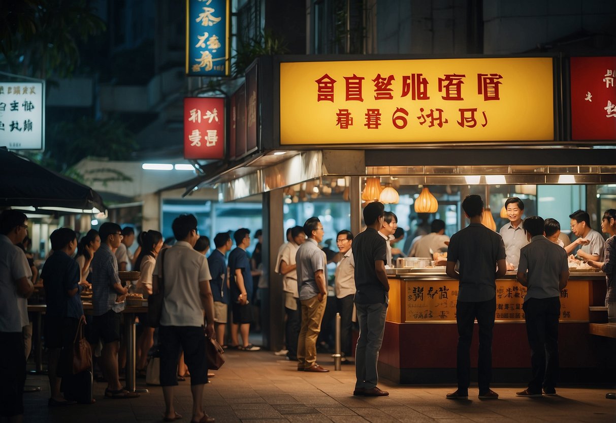 Customers lining up at Yong He Eating House in Singapore, with a sign displaying "Frequently Asked Questions" prominently displayed