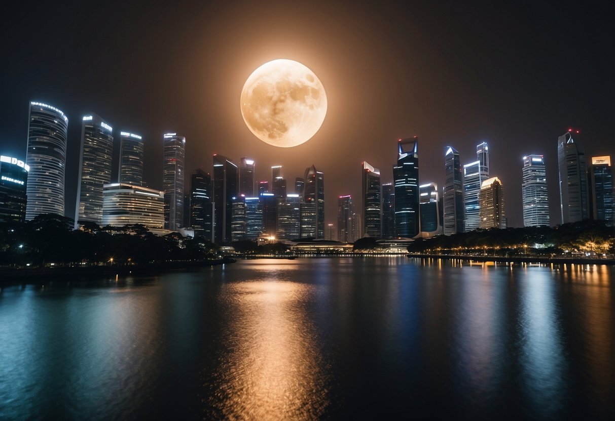 A darkened sky over Singapore, with the moon completely covering the sun, creating a total eclipse