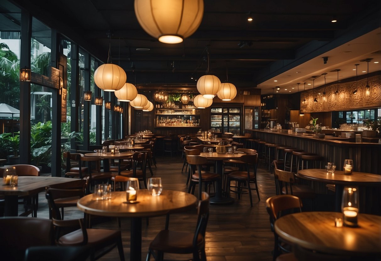 A bustling western restaurant in Singapore with rustic decor and dim lighting, diners enjoying hearty meals and cocktails at wooden tables