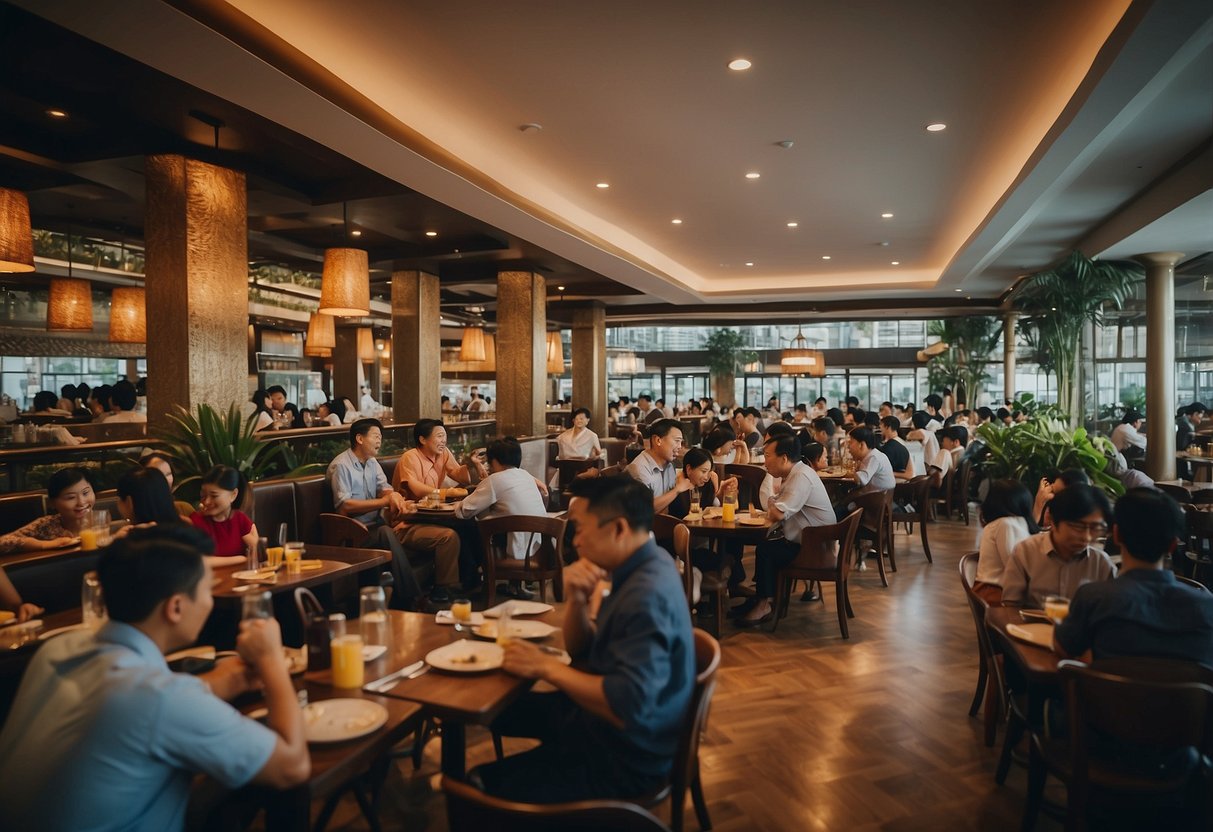 A bustling western restaurant in Singapore, with patrons enjoying their meals and staff busy attending to customers' needs