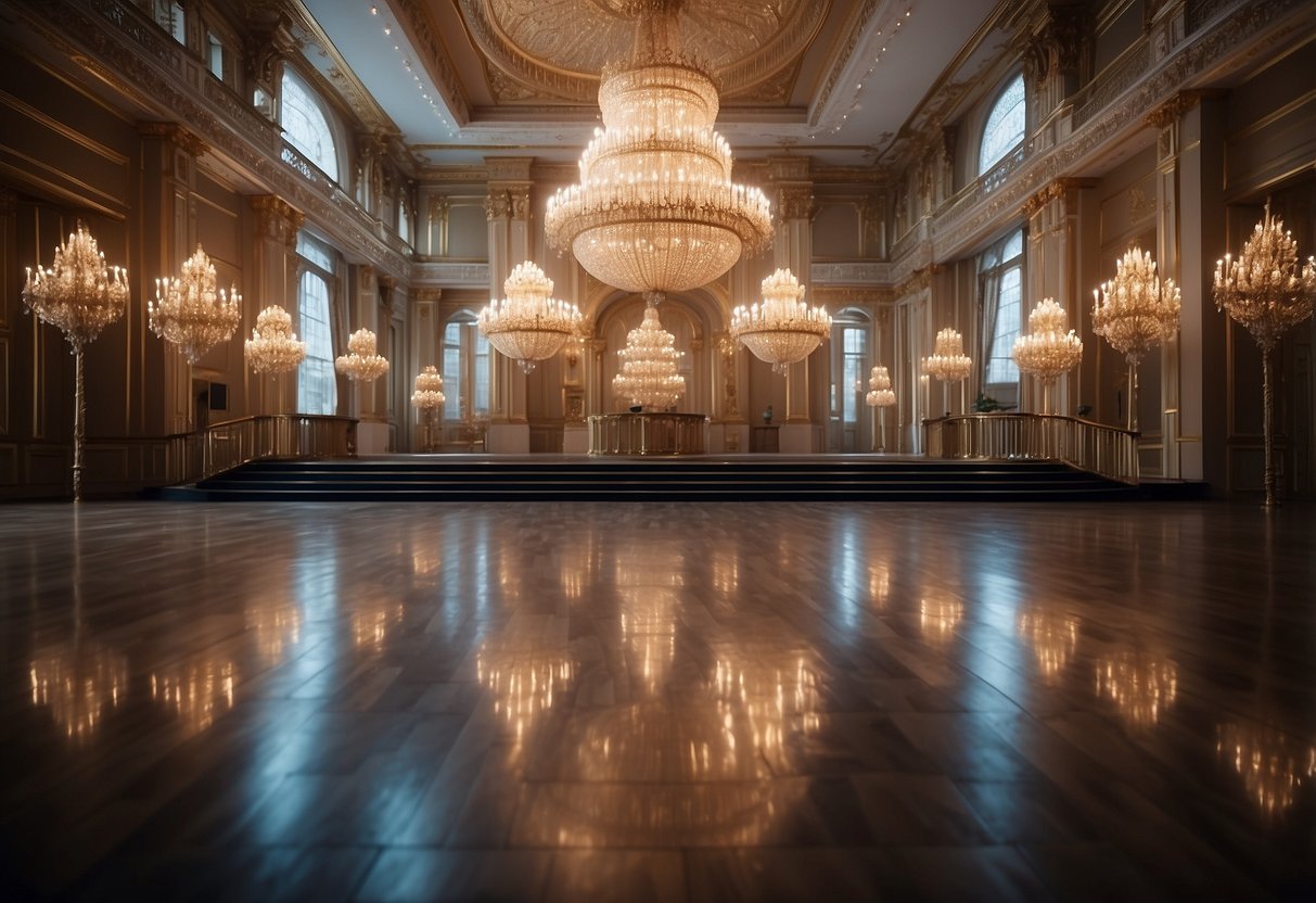 A grand ballroom with elegant chandeliers, ornate pillars, and a spacious dance floor, set against a backdrop of opulent decor and luxurious furnishings