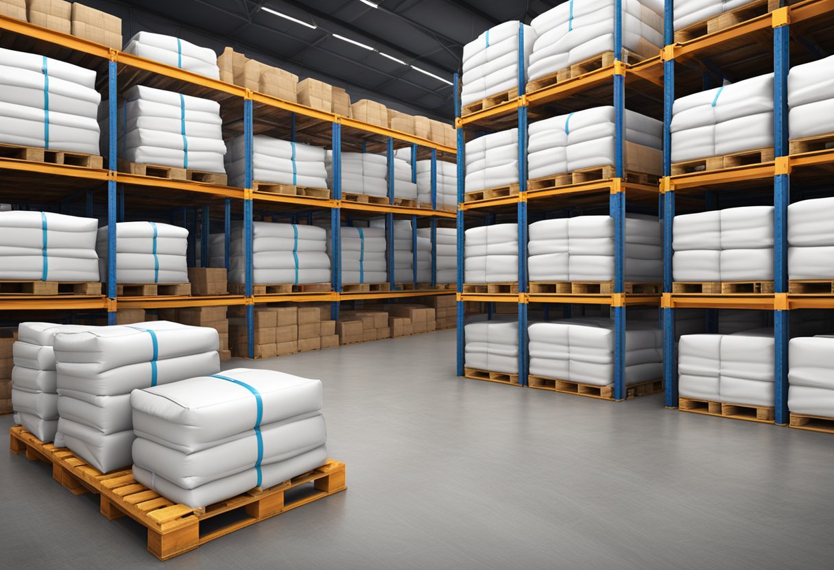 Several bulk bags stacked on pallets in a warehouse