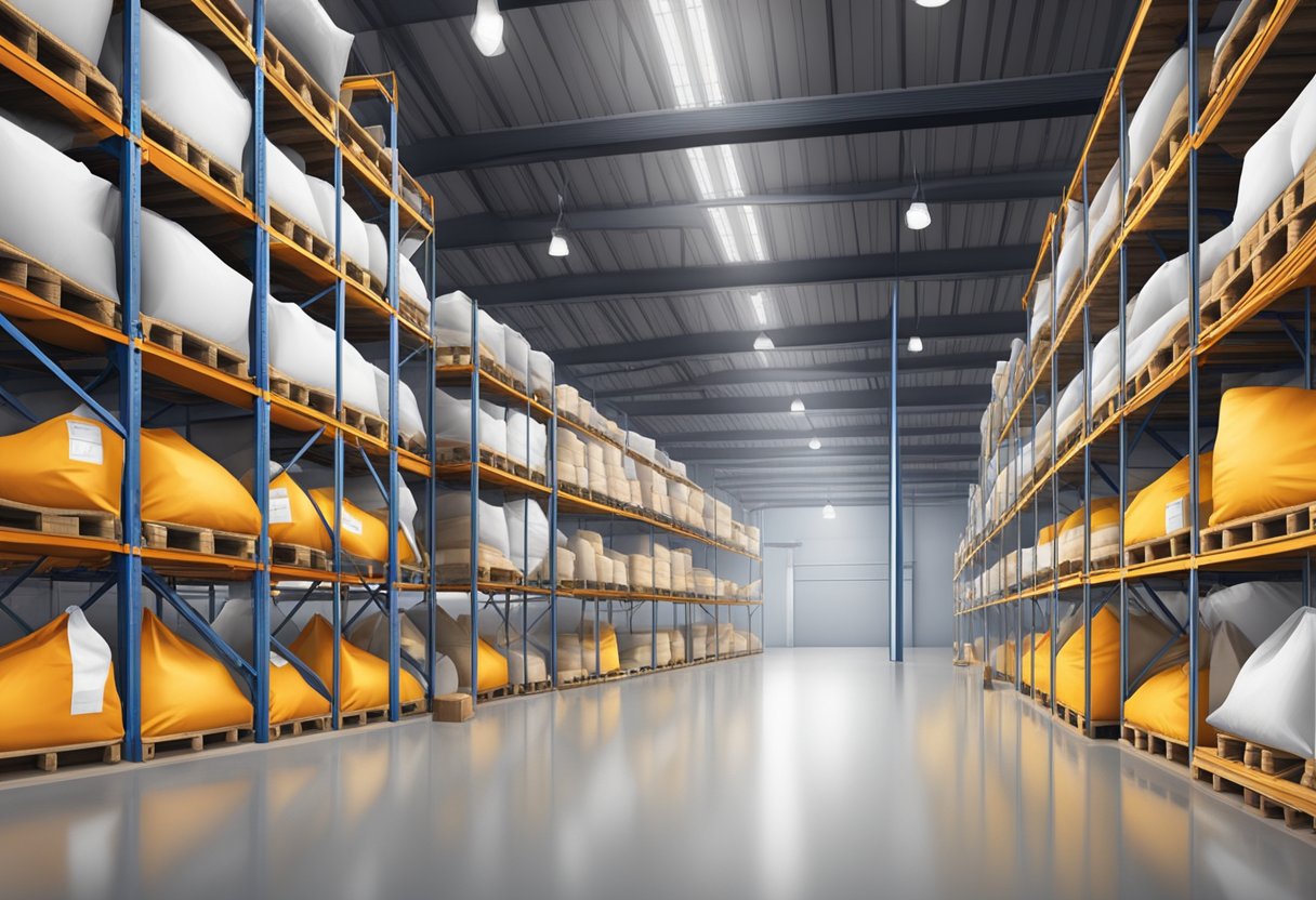 A warehouse filled with various types of bulk bags for industrial applications. Stacks of bags in different sizes and colors, labeled with product information