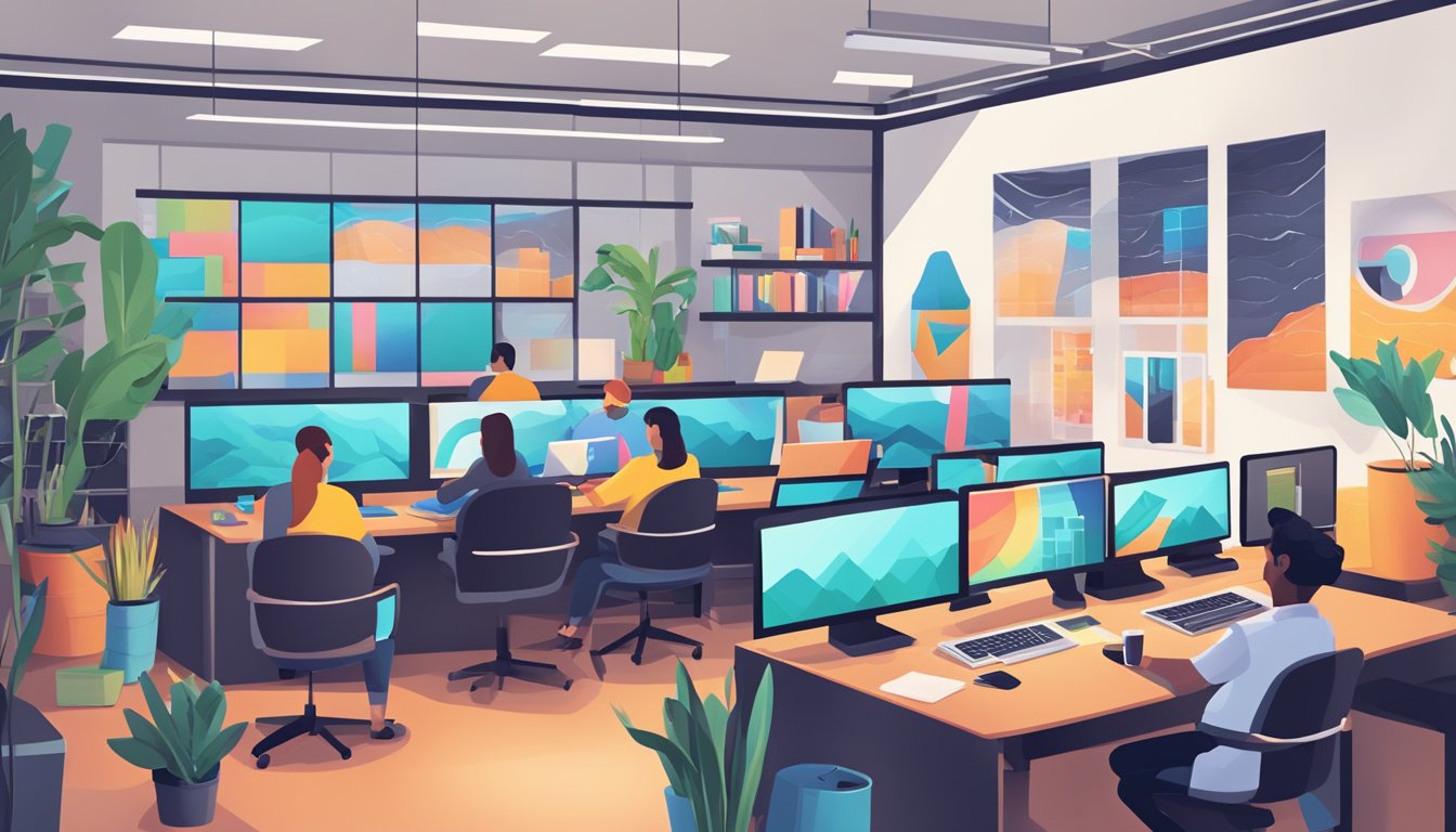 A digitalt markedsføringsbyrå office with computers, creative wall art, and a team collaborating on a campaign strategy