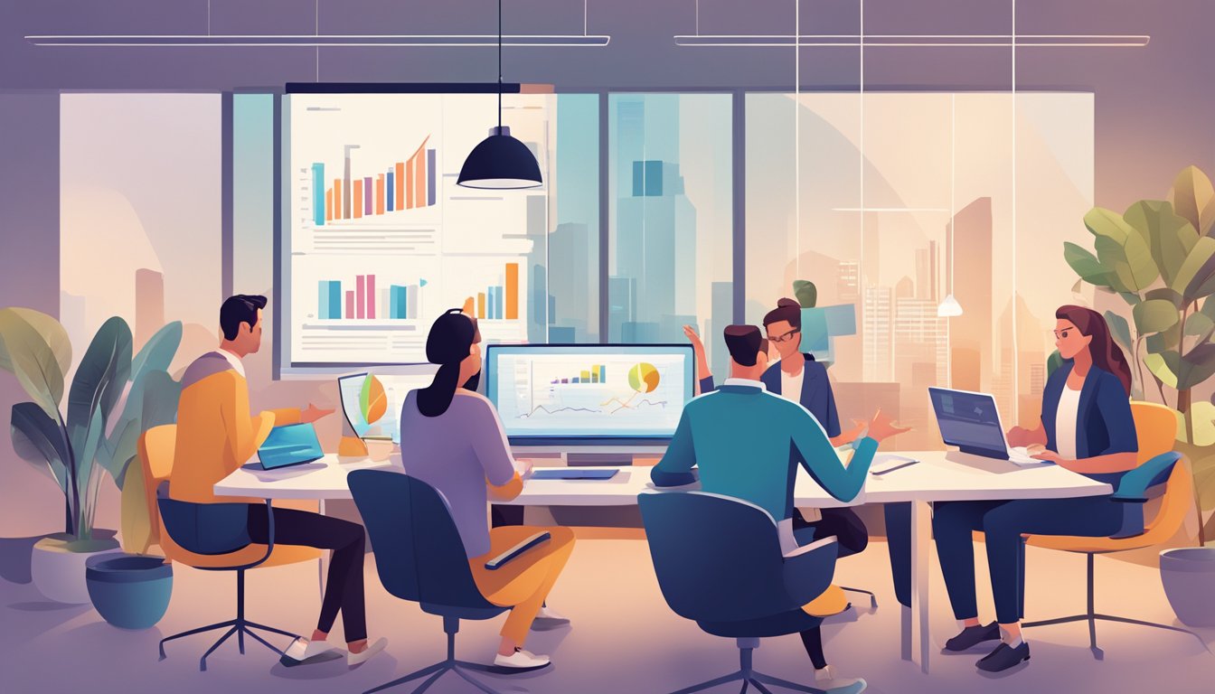 A digital marketing agency's strategic planning session with team members brainstorming and analyzing data on laptops in a modern office setting