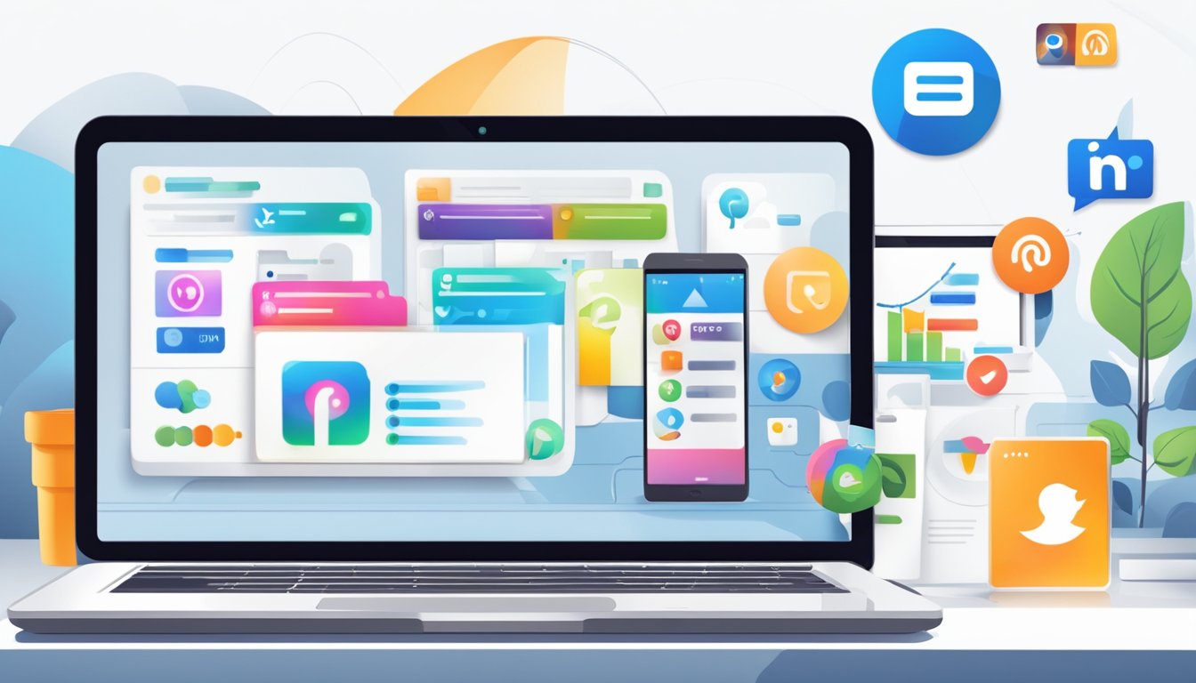 A laptop displaying social media icons and a digital marketing agency logo. A phone with notifications and a tablet with a marketing strategy chart