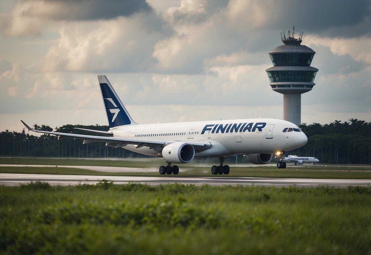 A Finnair plane lands at Changi Airport, with the iconic control tower and lush greenery in the background