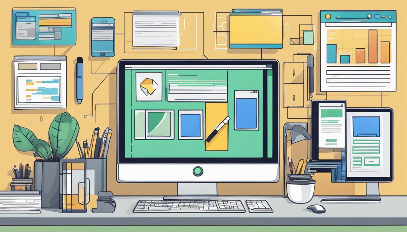 A computer screen with web development and design tools, surrounded by digital marketing materials