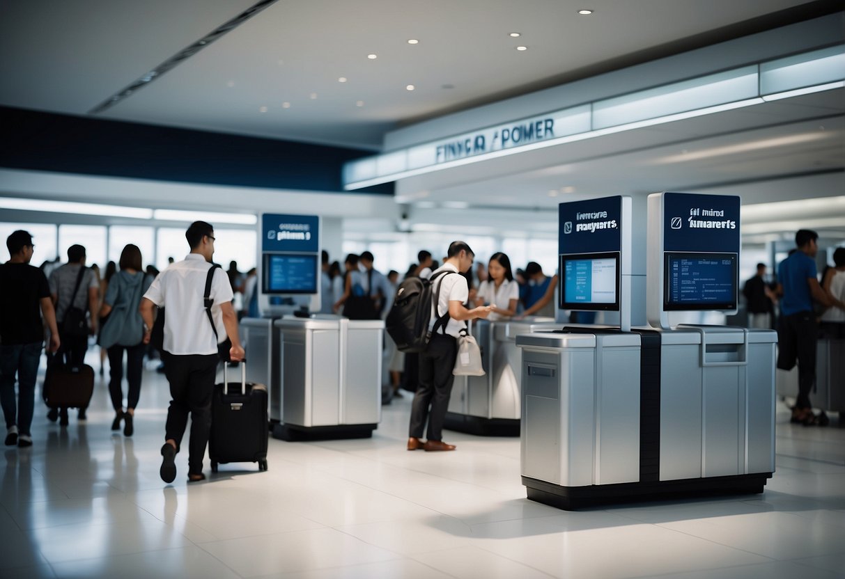Passengers at Finnair Singapore counter, checking in and receiving boarding passes for their journey. Luggage being tagged and loaded onto conveyor belts