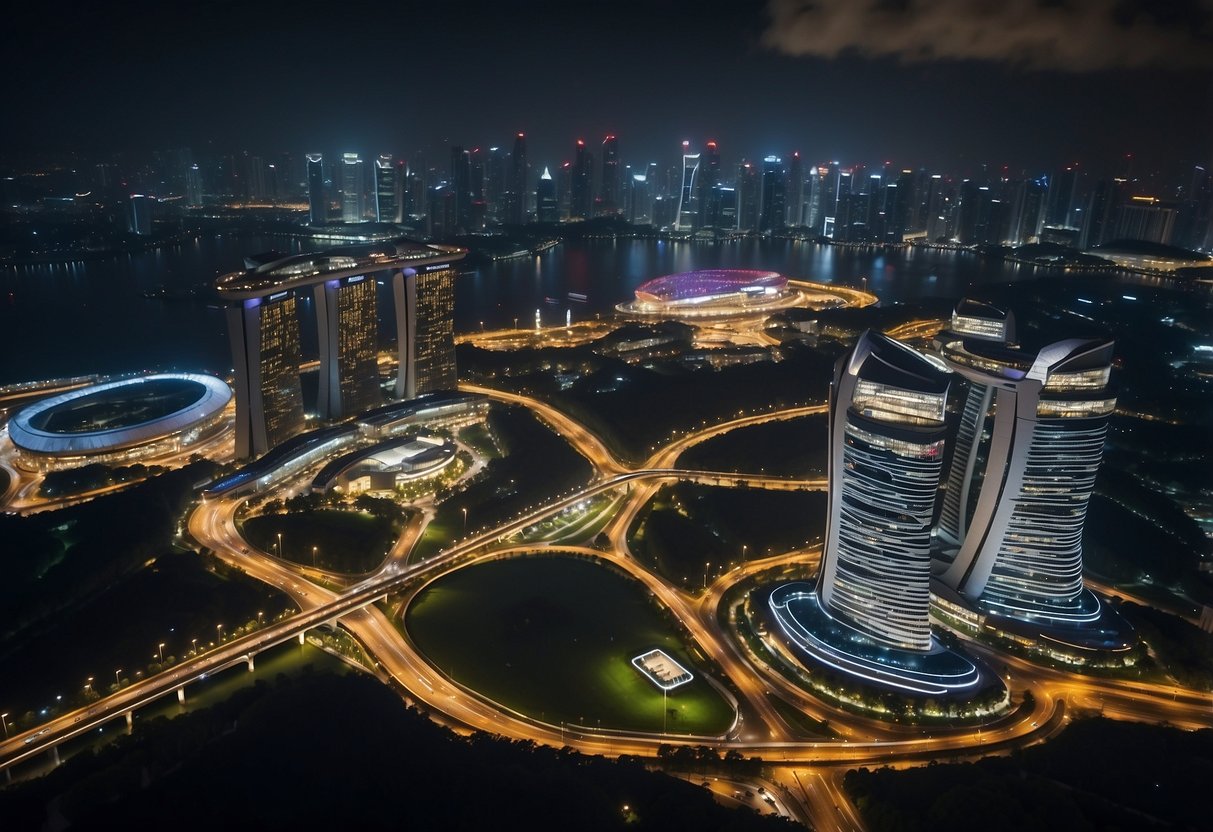 Aerial view of F1 Singapore track at night with illuminated city skyline and winding roads