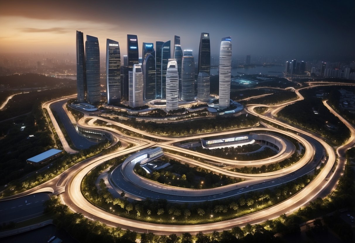 The Singapore F1 circuit map shows a winding track with sharp turns and long straights, surrounded by grandstands and city skyline