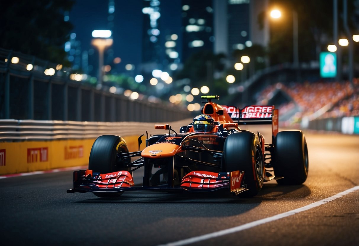 The Singapore F1 race track winds through the city's vibrant streets, illuminated by the glow of the city's skyline and the colorful lights of the race cars zooming by