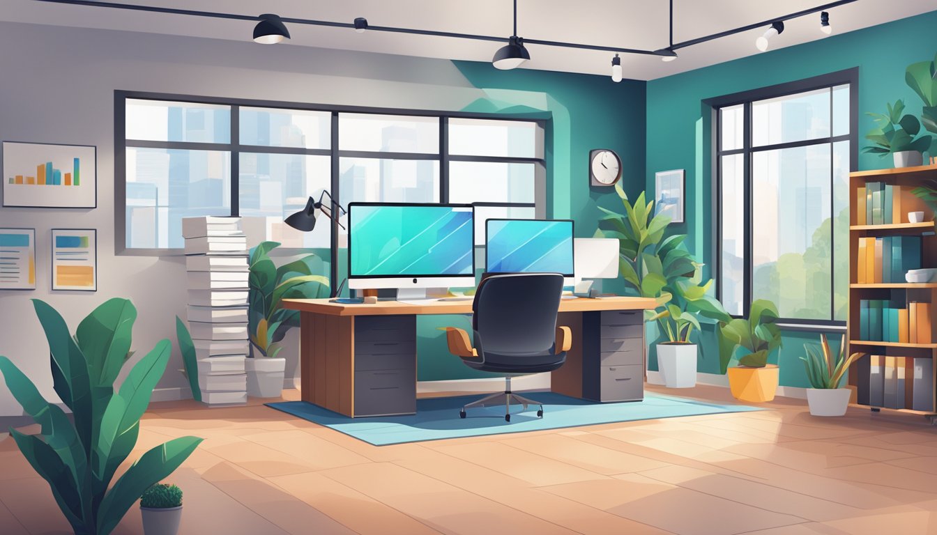 A digital marketing agency's office with computers, charts, and creative materials. Bright, modern space with a professional, focused atmosphere