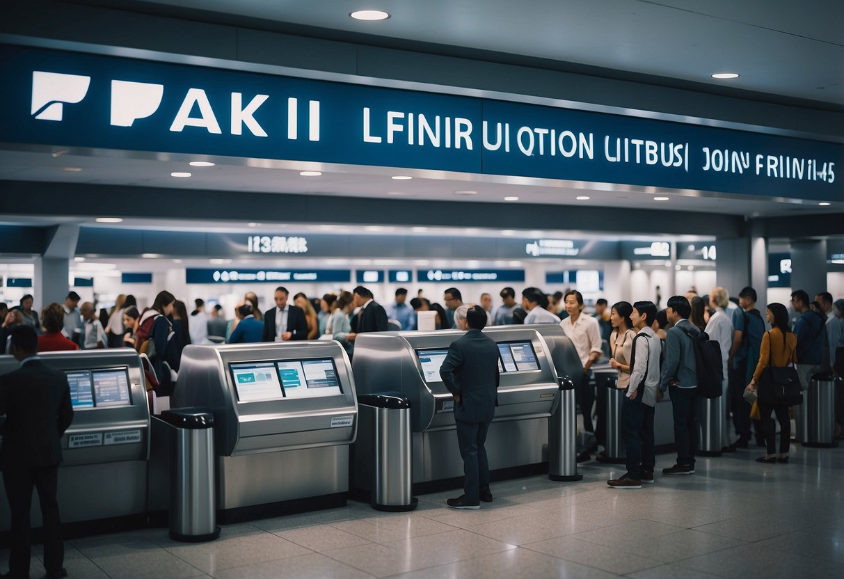 A crowded airport terminal with a prominent "Frequently Asked Questions" sign and a group of people in front of a Finnair Singapore counter