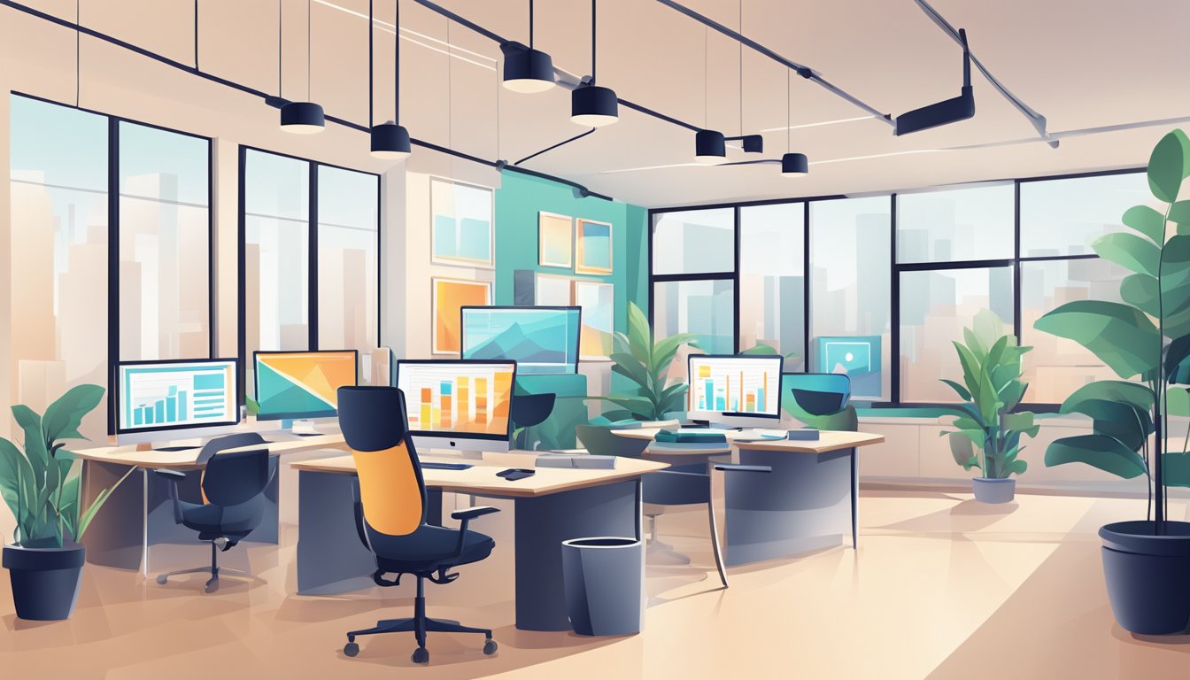 A digital marketing agency office with computers, charts, and data reports on screens. Bright, modern, and professional atmosphere