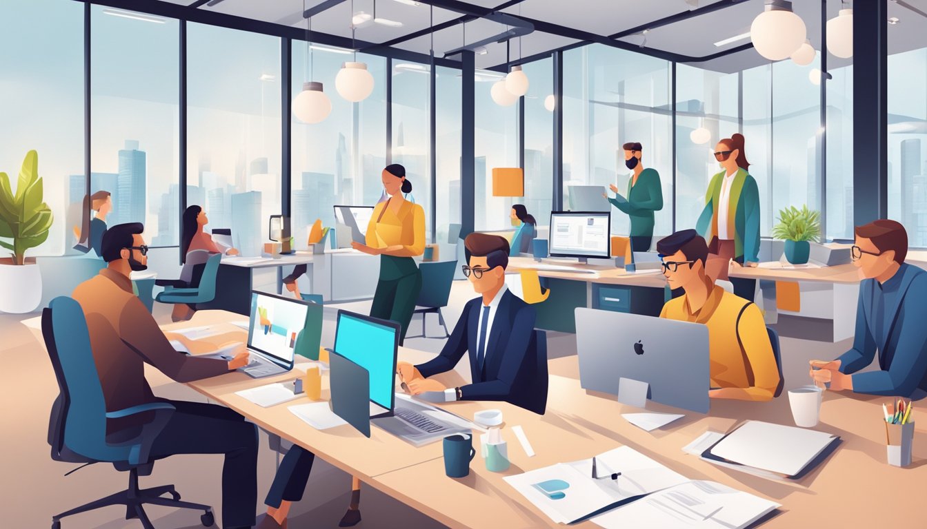 A group of professionals collaborate in a modern office setting, working on digital marketing strategies and building customer relationships