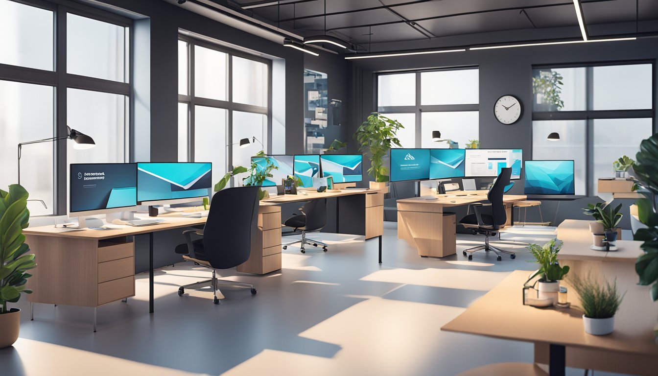 A digital marketing agency in Norway, with modern office space, computers, and creative branding materials on display