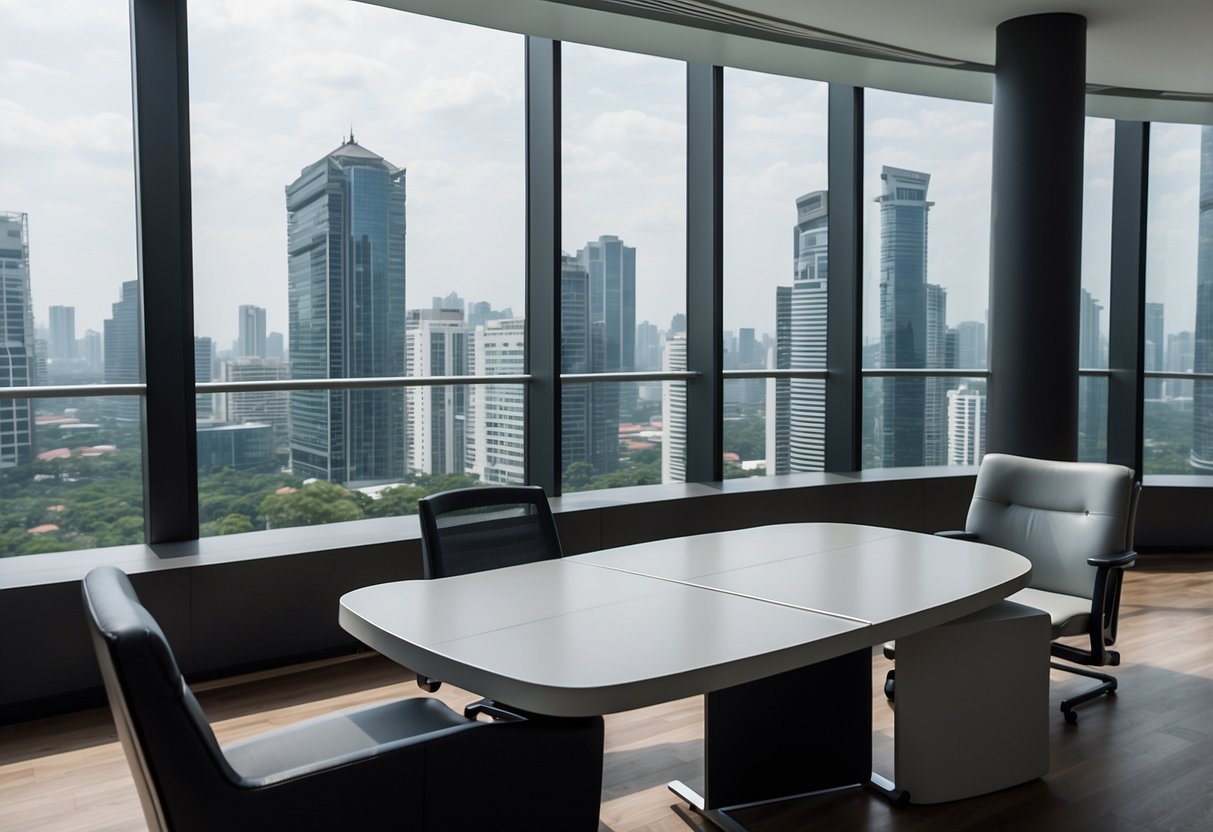 A folding table in a bright, modern office space in Singapore. The table is sleek and minimalist, set against a backdrop of large windows and cityscape