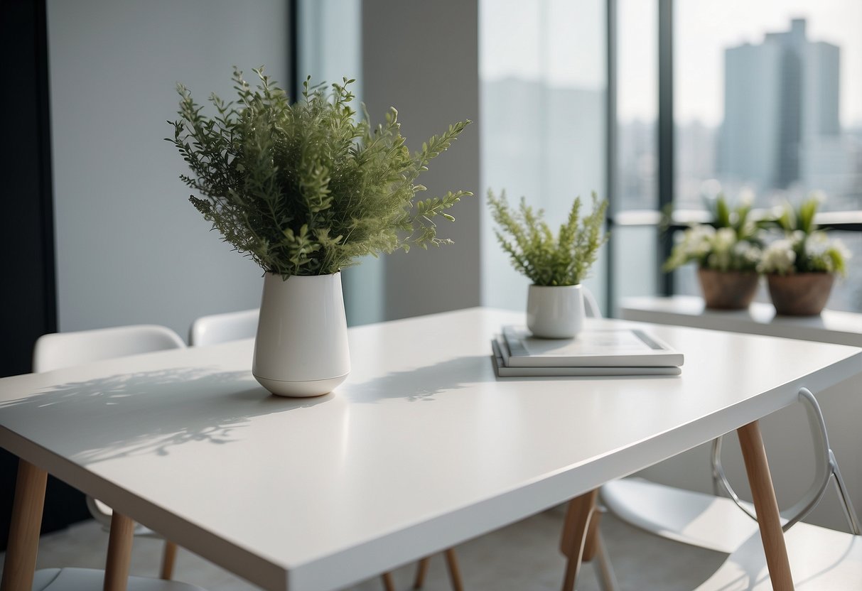 A bright, modern space with a sleek, white folding table against a backdrop of minimalist decor and natural light