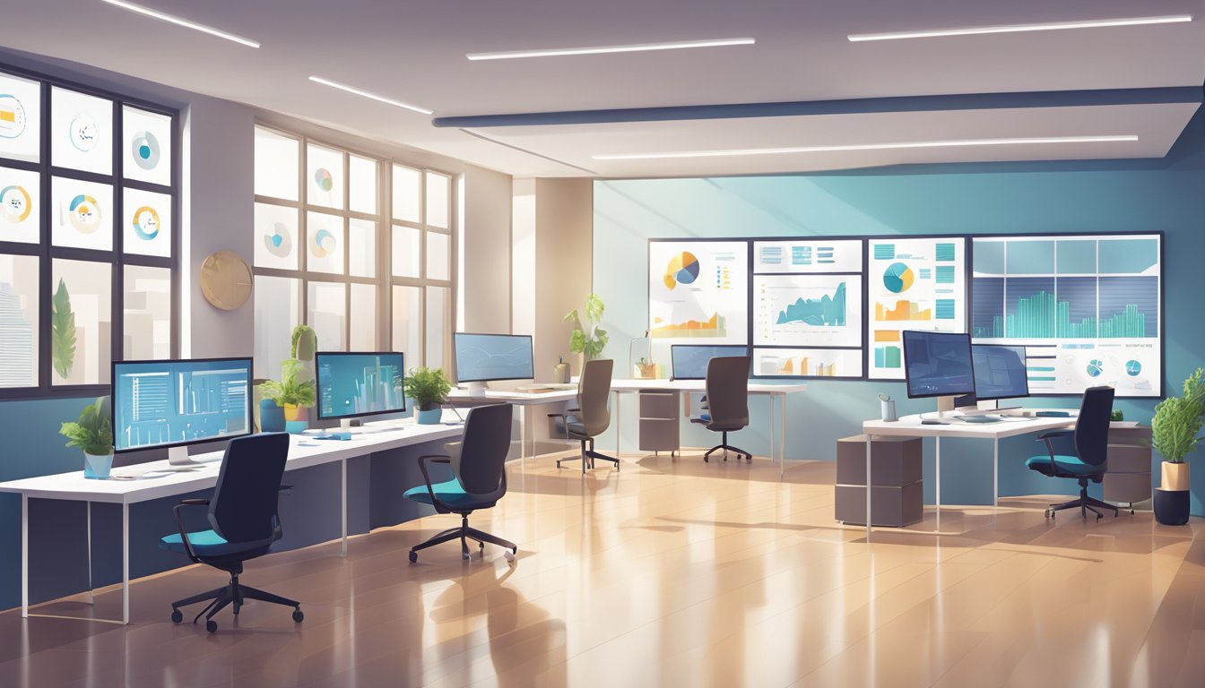 A modern office setting with computer screens, charts, and graphs on the walls, showcasing the data-driven approach of a digital marketing agency