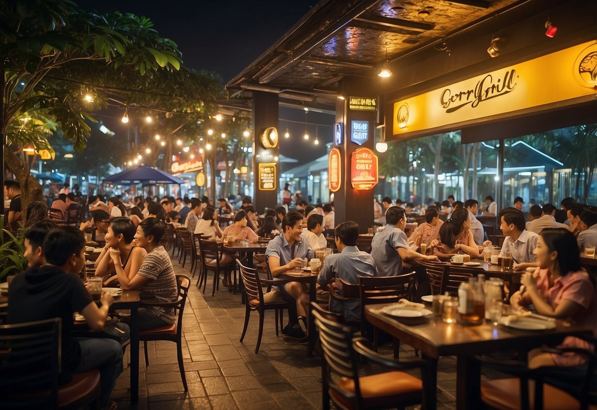 A bustling outdoor scene at Gerry's Grill Singapore, with colorful signage, crowded tables, and sizzling grills