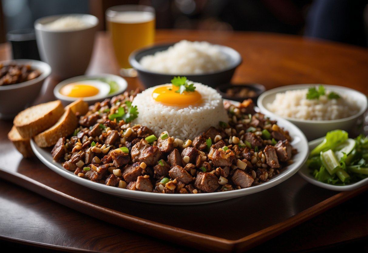 A table set with sizzling sisig, tender pork barbecue, and steaming garlic rice at Gerry's Grill in Singapore