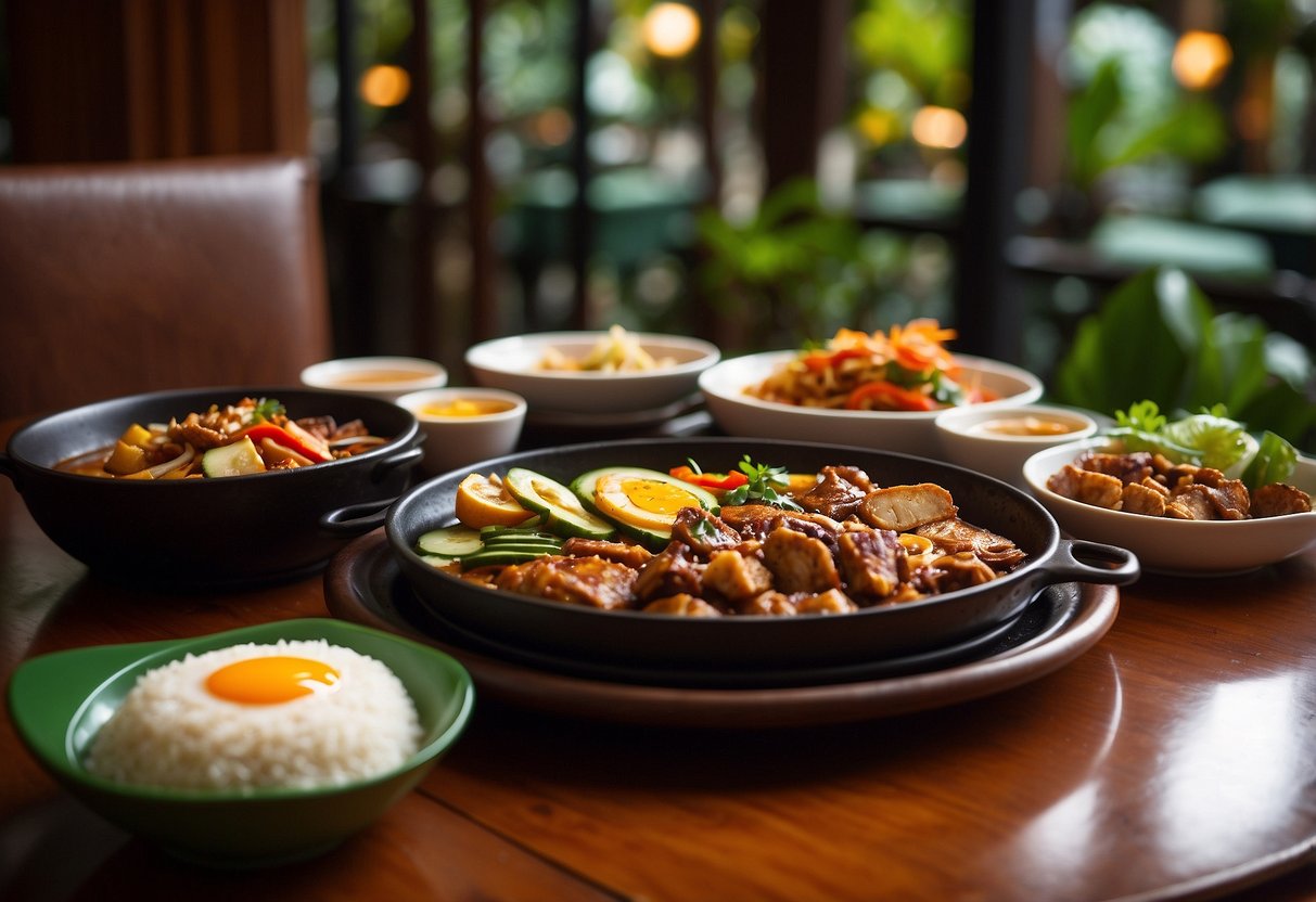 A table set with sizzling plates of Filipino dishes, surrounded by vibrant tropical-themed decor and warm, inviting ambiance at Gerry's Grill Singapore