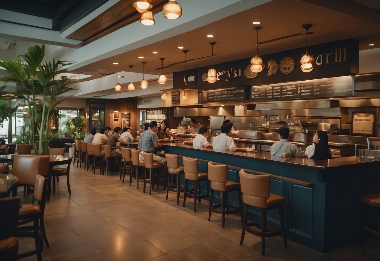 A bustling restaurant with a sign reading "Frequently Asked Questions gerry's grill singapore" and customers enjoying Filipino cuisine