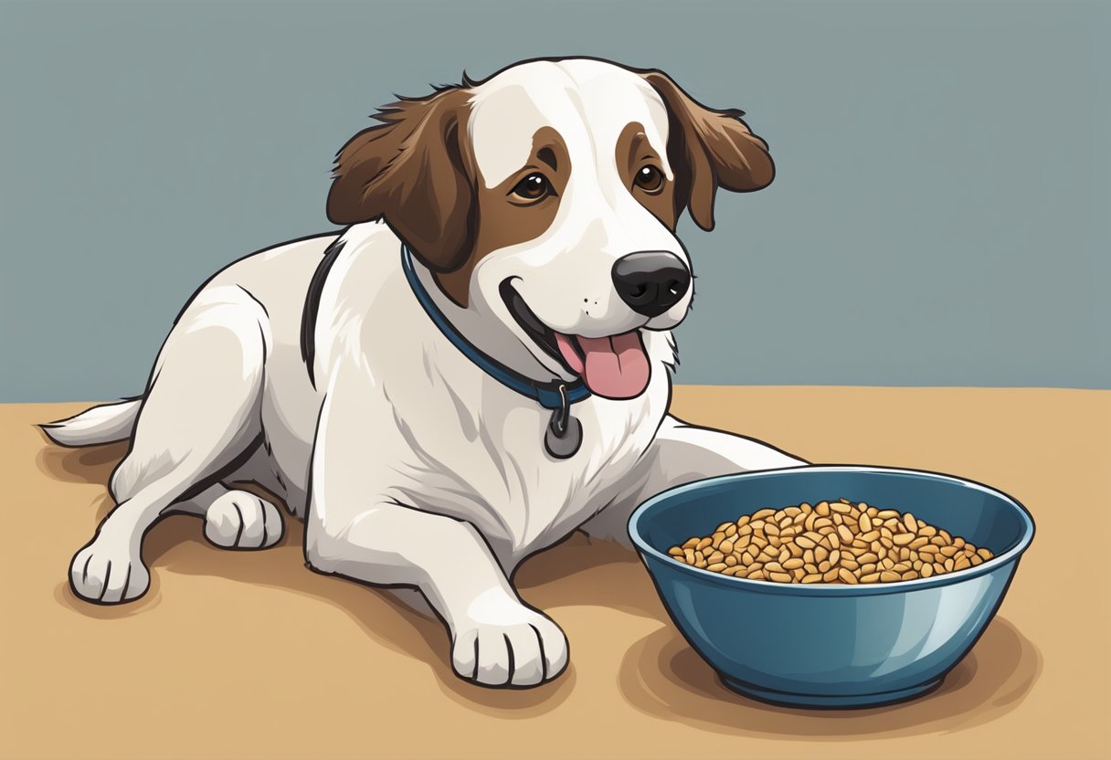 A happy dog with a bowl of cooked farro, wagging its tail eagerly