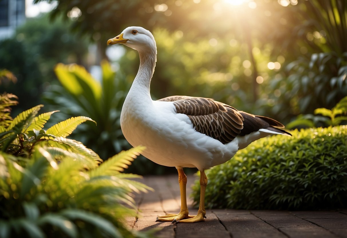 A majestic golden goose stands proudly in the lush greenery of a Singaporean garden, its feathers shimmering in the sunlight