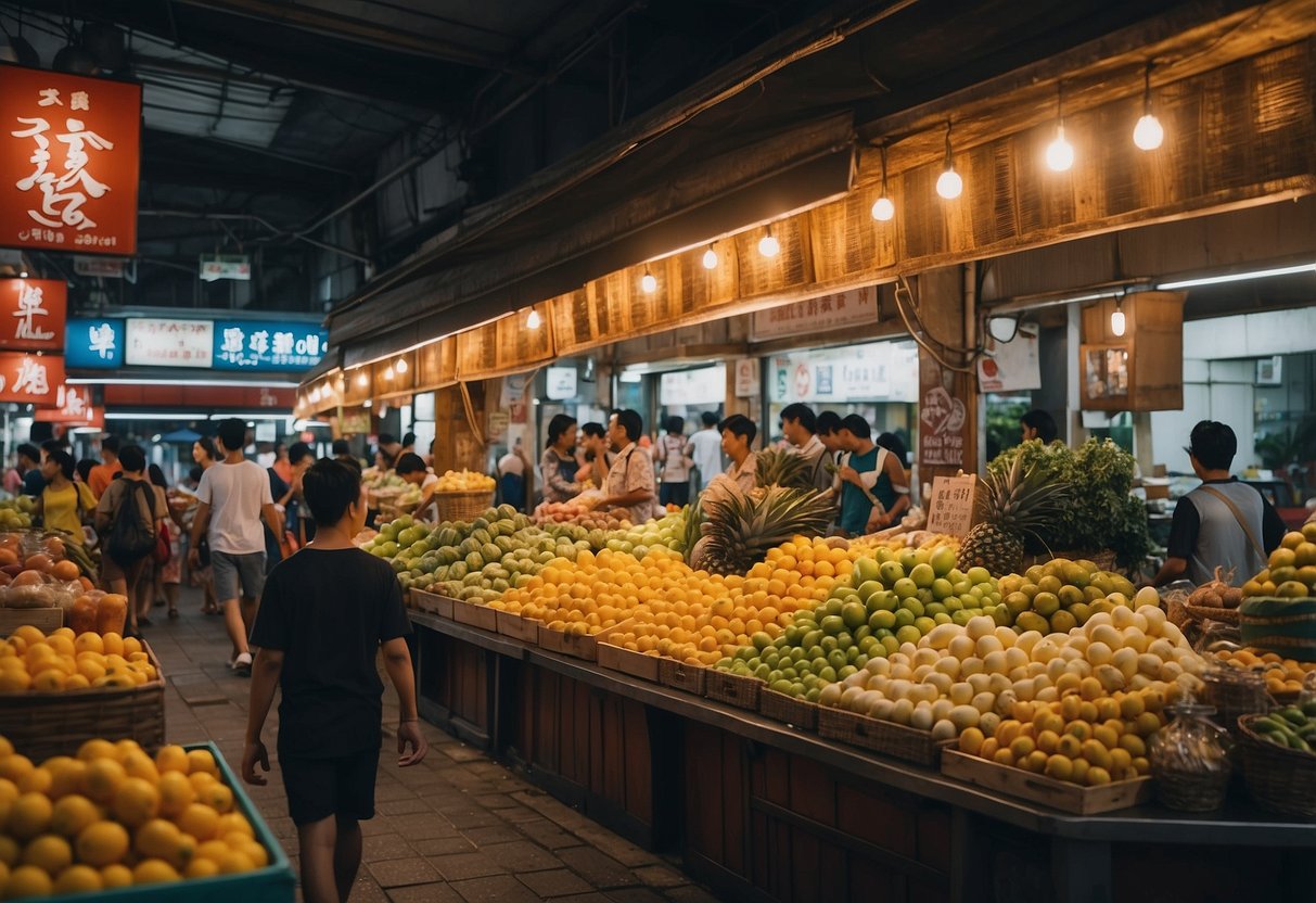 Exploring Golden Goose in Singapore: bustling market, colorful storefronts, exotic fruits, and vibrant street vendors