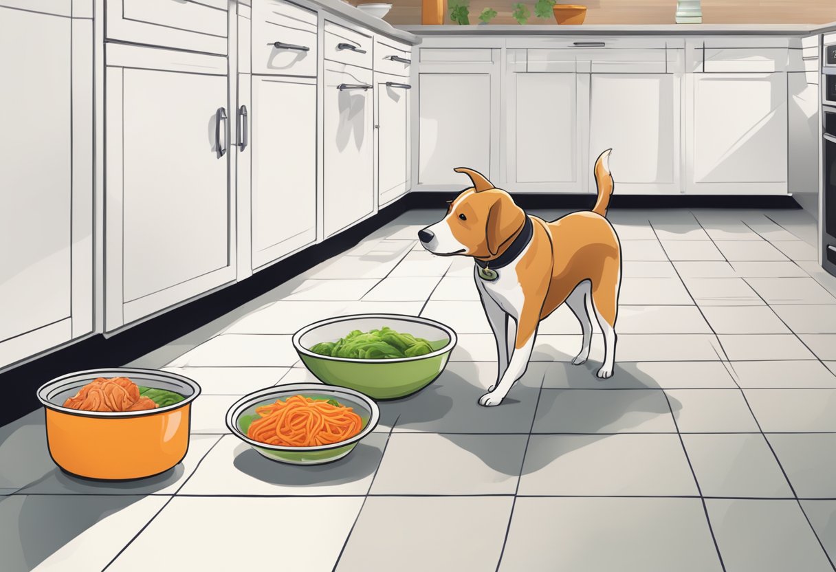 A happy dog eagerly sniffs a bowl of kimchi on the kitchen floor.